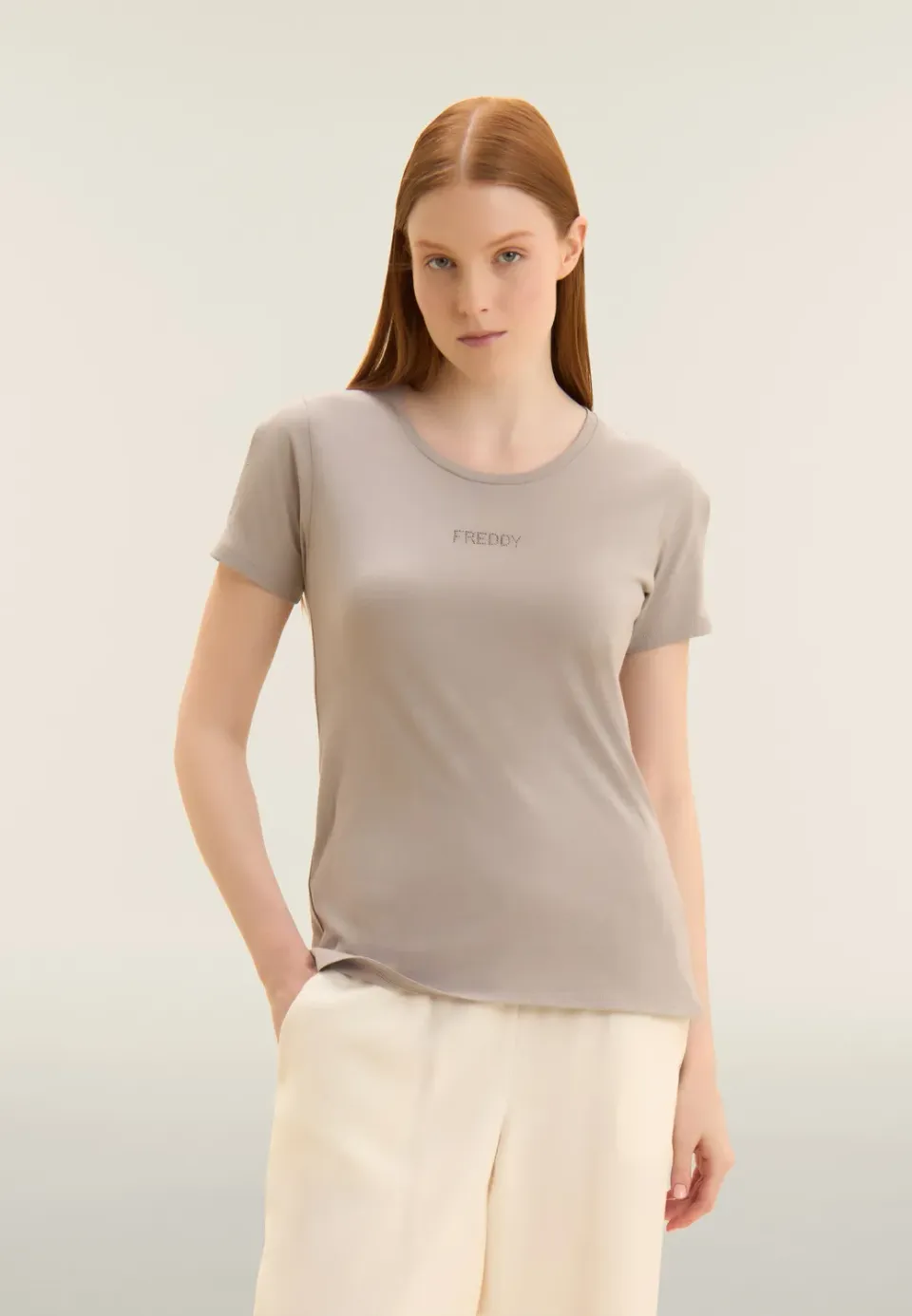 Freddy Damen T-Shirt Kurzarm Cut-Out Strass Modal