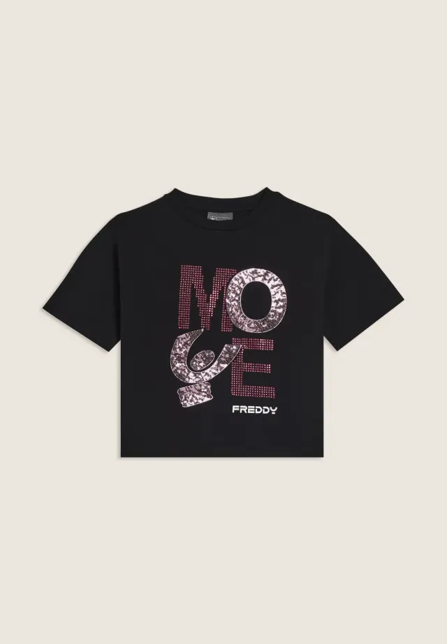 Freddy Junior Cropped T-Shirt MOVE Nero Strass Pailletten