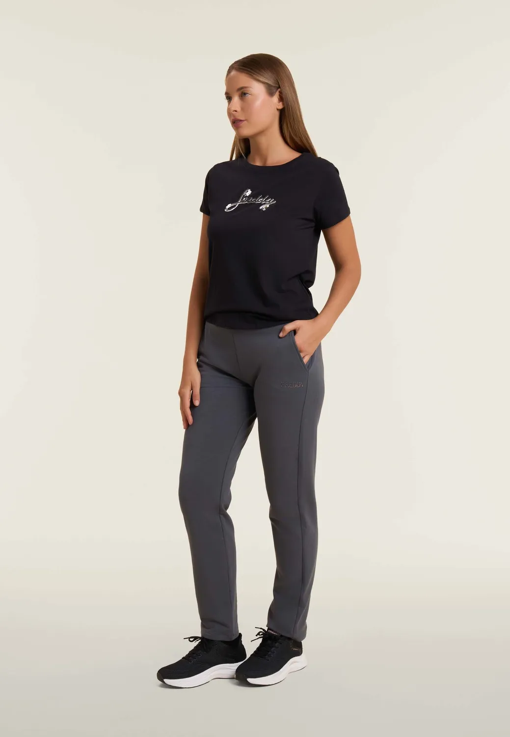 Freddy Jogginghose Damen Schwarz gerades Bein
