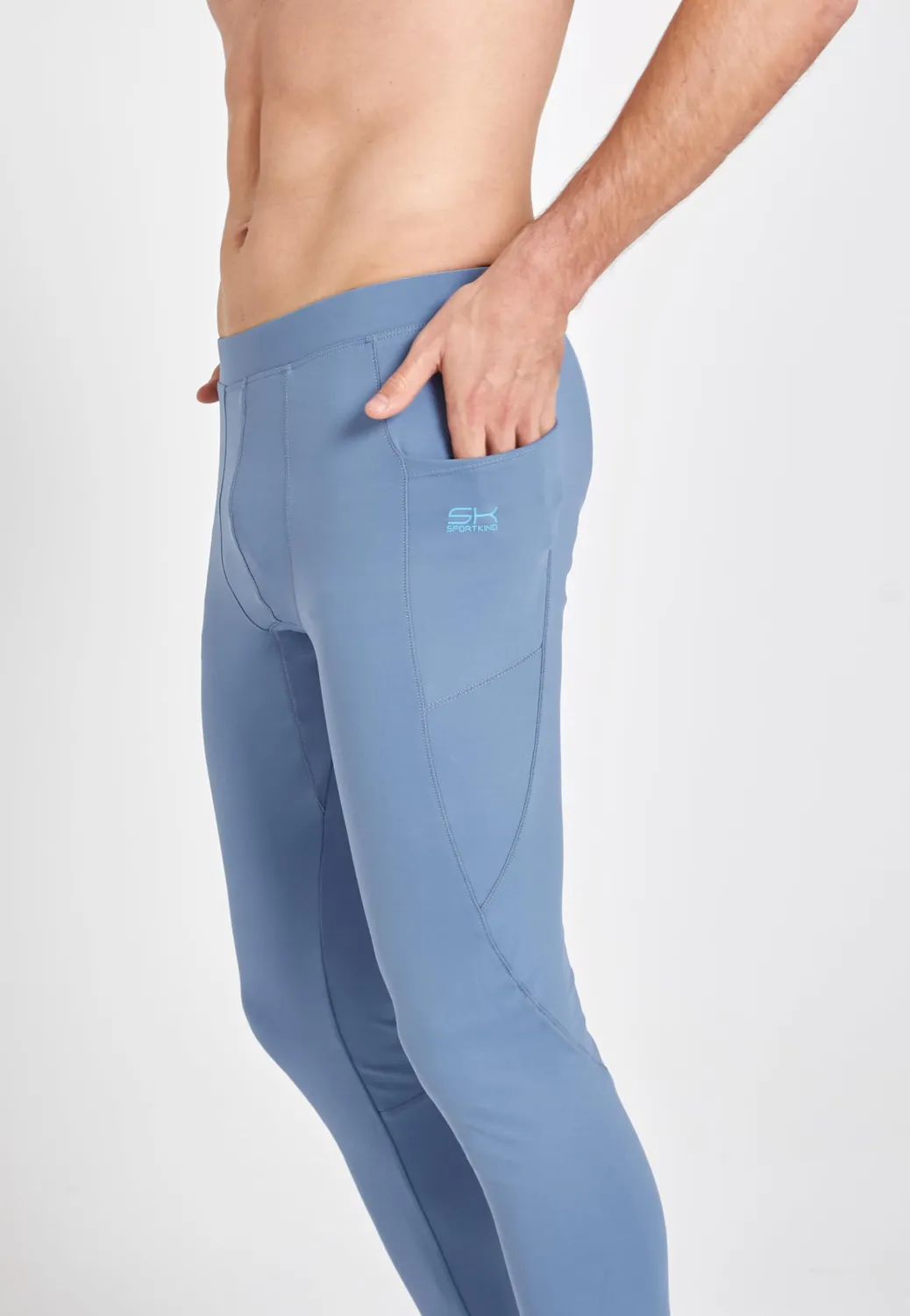 Sportkind Lange Laufhose mit Taschen Laufleggings S Grau Blau atmungsaktiv