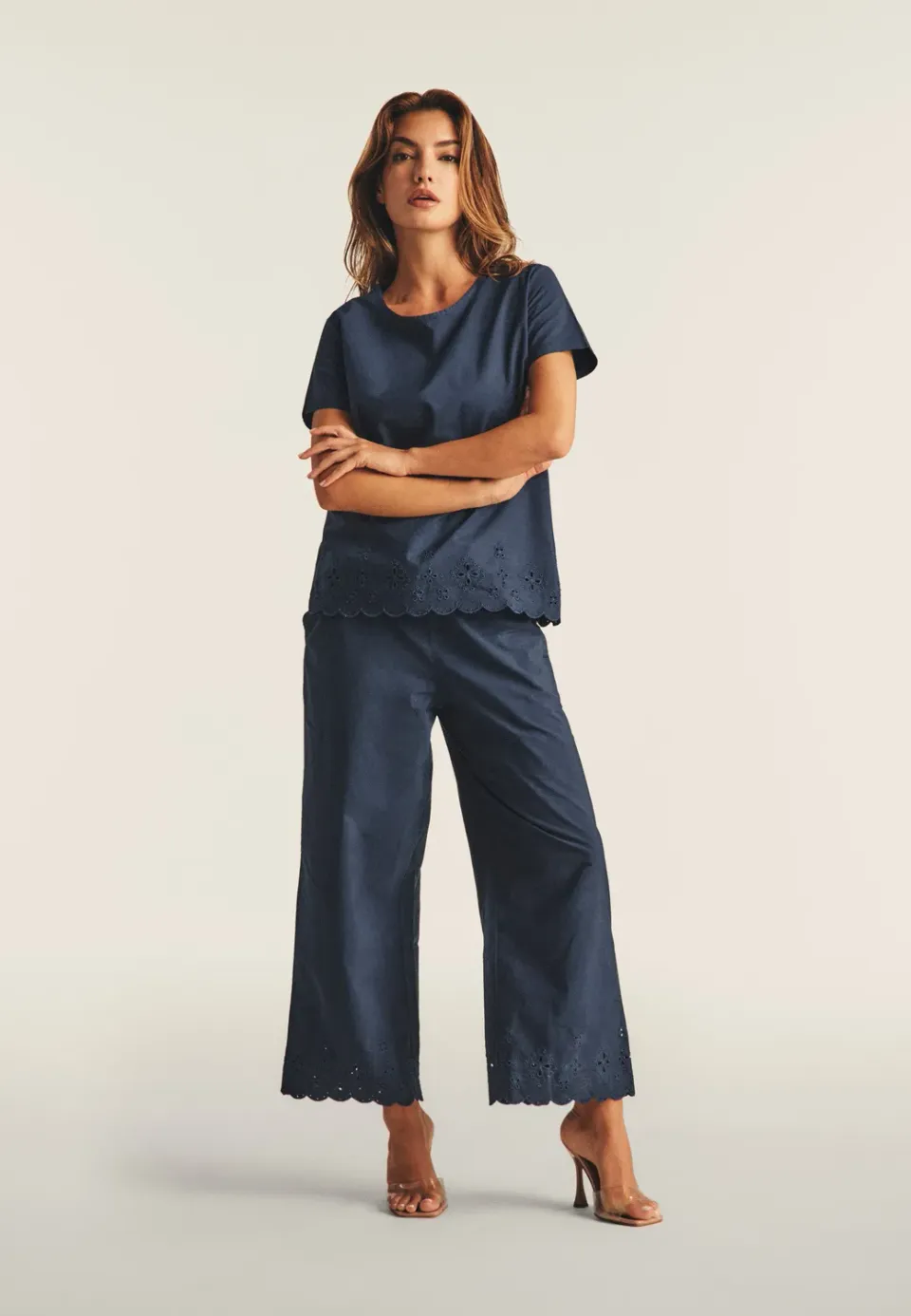 Freddy Wide Leg Hose Damen Baumwolle mit Stickerei 7/8