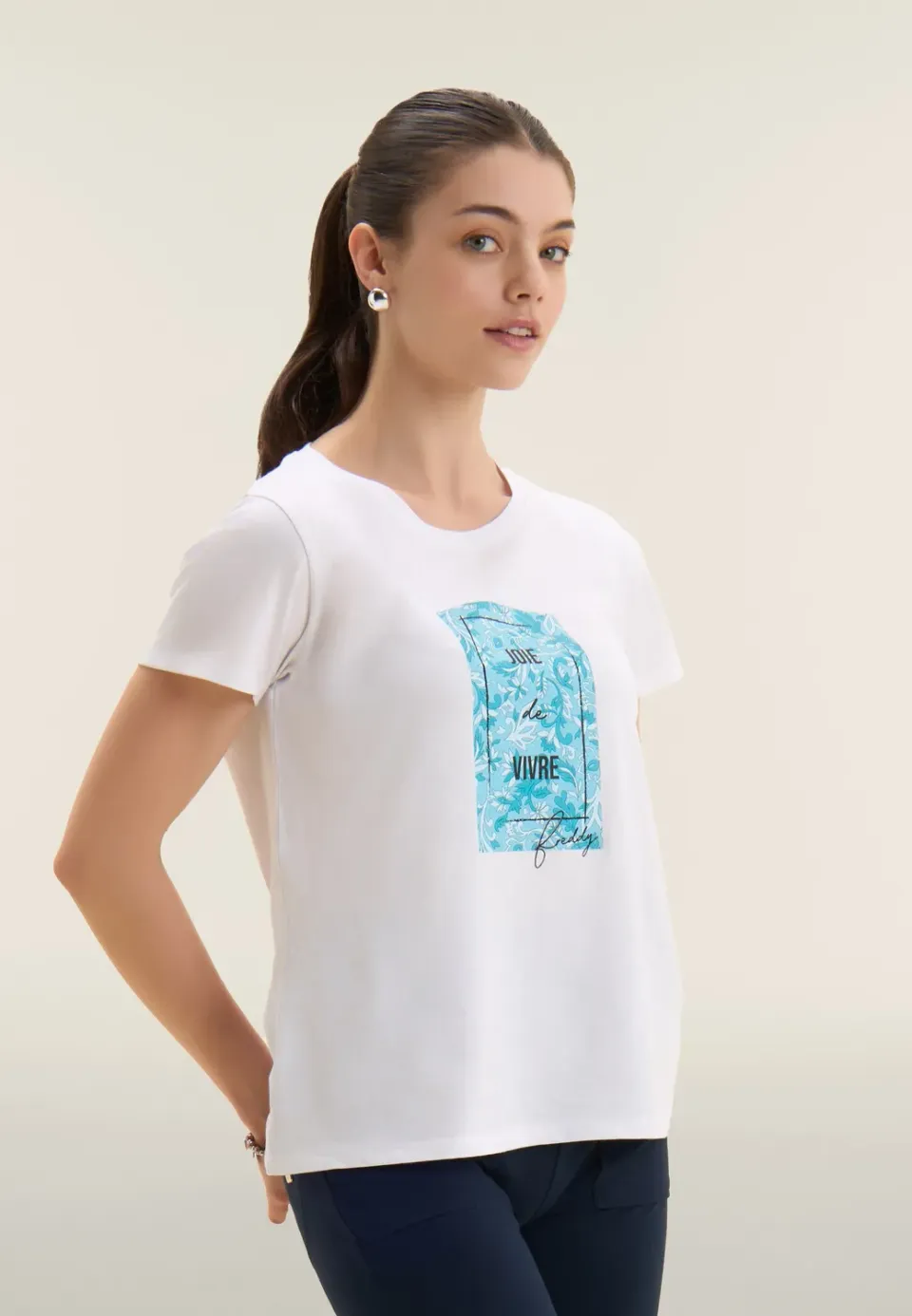 Freddy T-Shirt Blumenprint Supima Weiß-Blau Damen