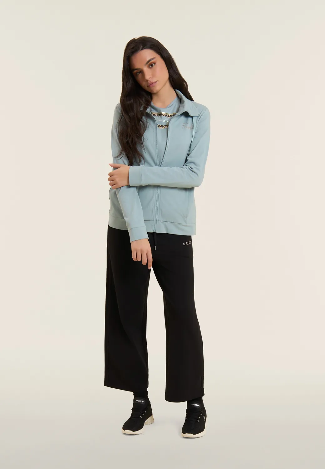 Freddy Cropped Sporthose Damen Wide Leg schwarz Yoga