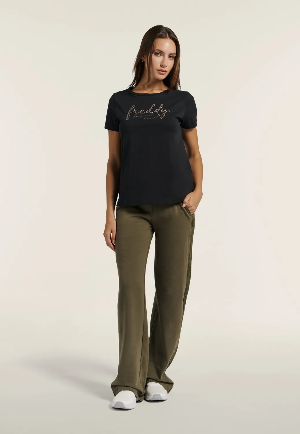 Freddy T-Shirt Damen Schwarz Gold Rundhals Modal