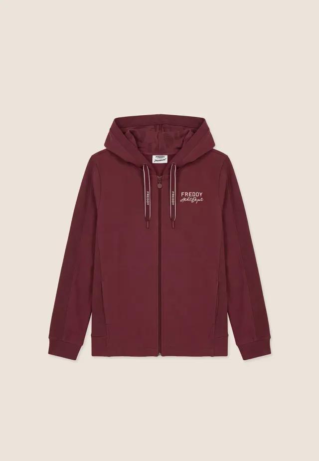 Freddy Damen Sweatjacke Zip Kapuze Schwarz Rippstrick