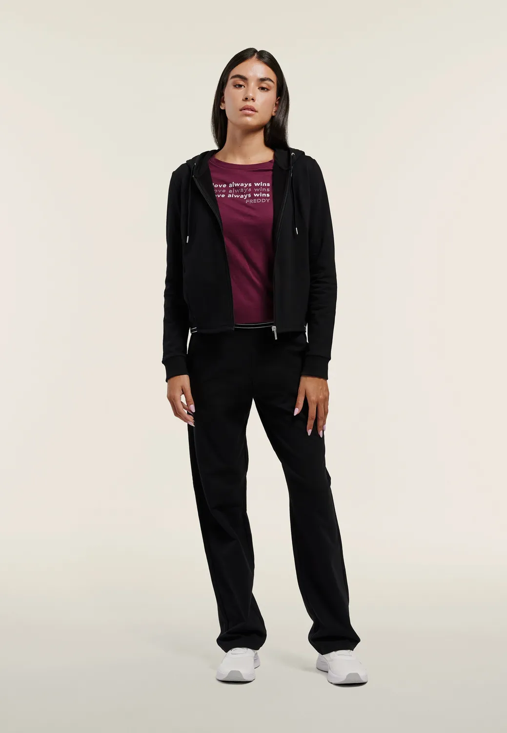 Freddy Cropped Hoodie Kapuzenpulli Damen Schwarz elastisch