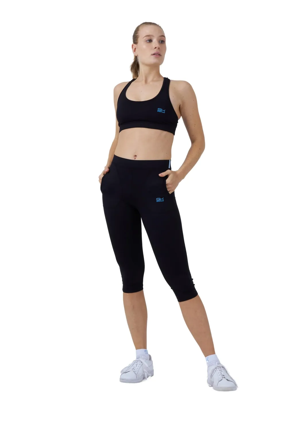 SPORTKIND 3/4 Capri Leggings M Schwarz Taschen blickdicht
