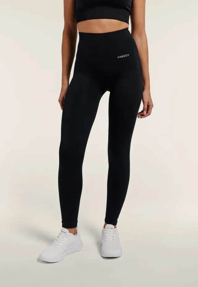 Freddy No Slide 7/8 Sportleggings Schwarz-Silber extremer Bund