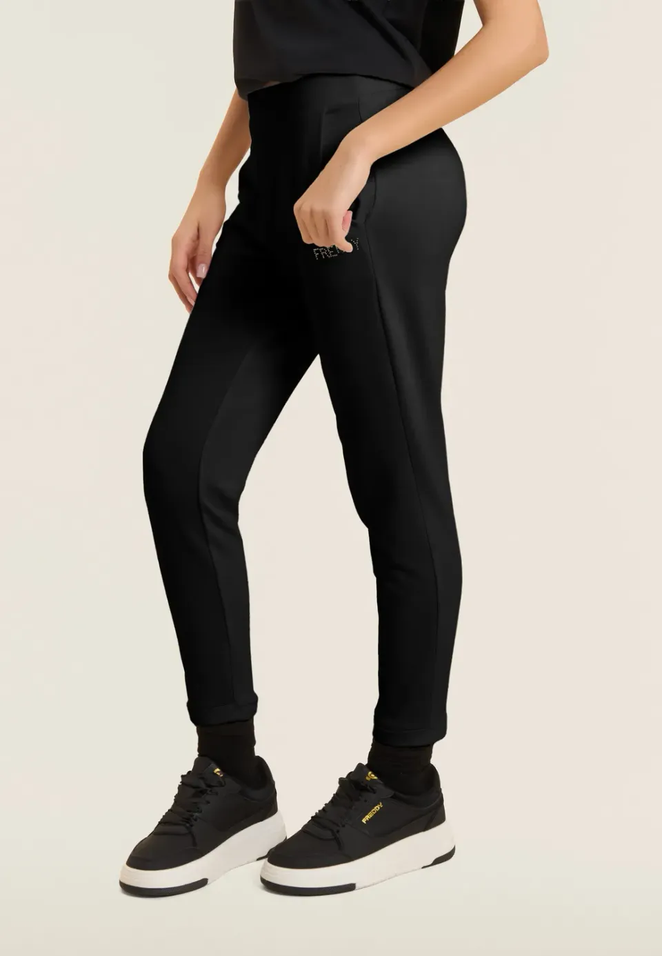 Freddy Cropped Sporthose Schwarz Strass French Terry
