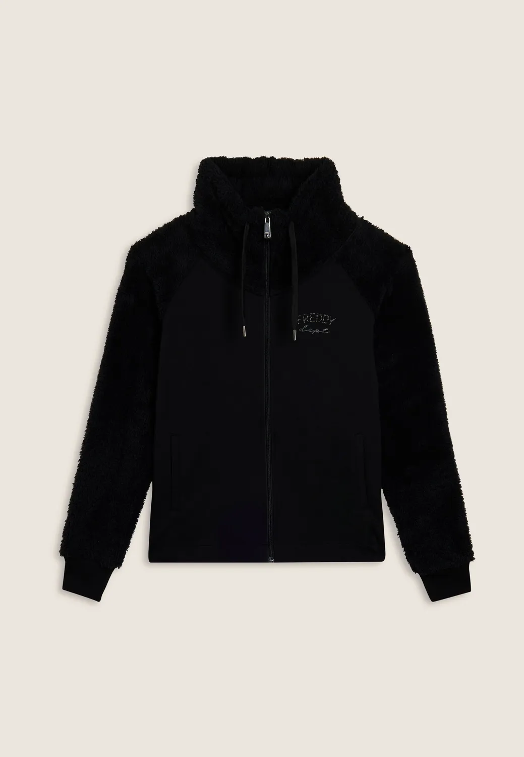 Freddy Sherpa Zip Sweatjacke Schwarz hoher Kragen
