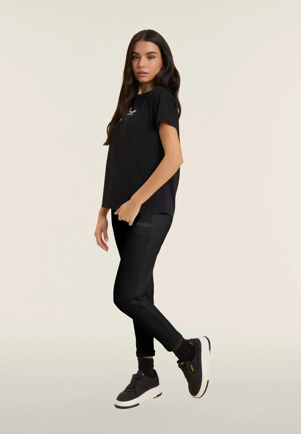 Freddy Cropped Sporthose Schwarz Strass French Terry