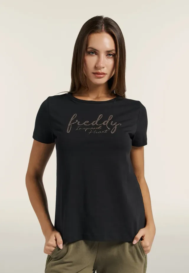 Freddy T-Shirt Damen Schwarz Gold Rundhals Modal