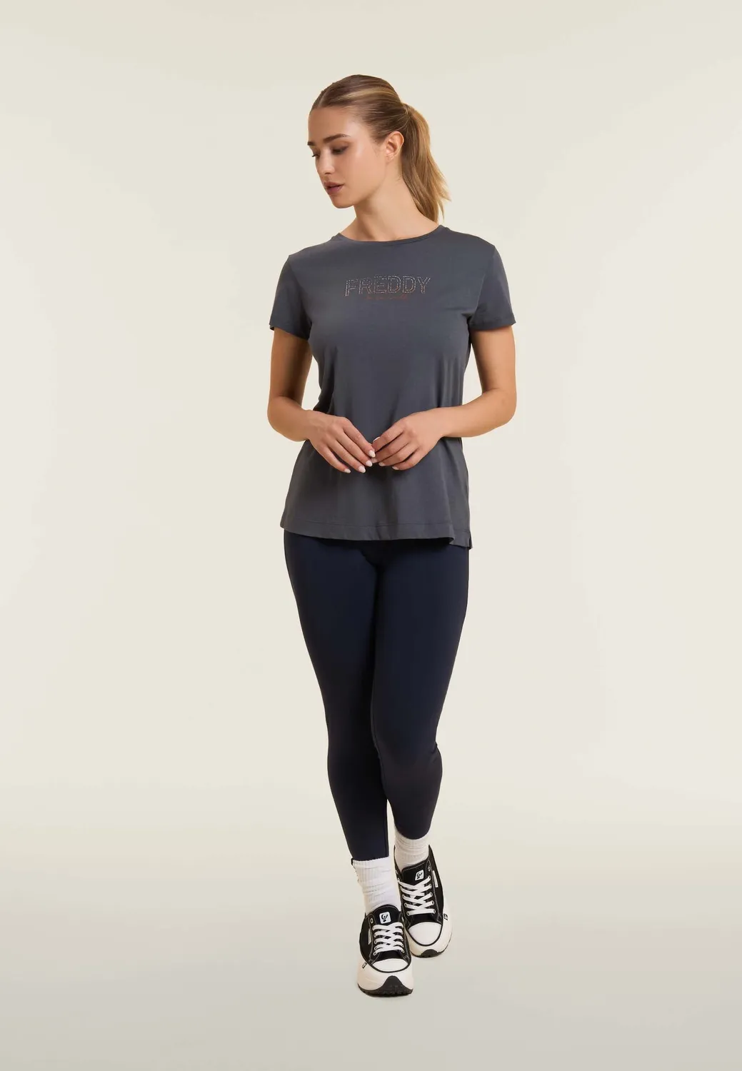Freddy T-Shirt Damen Schwarz Strass Seitenschlitz