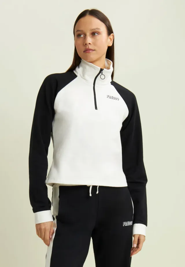 Freddy Cropped Sweatshirt Damen Coconut-Black Halbreißverschluss