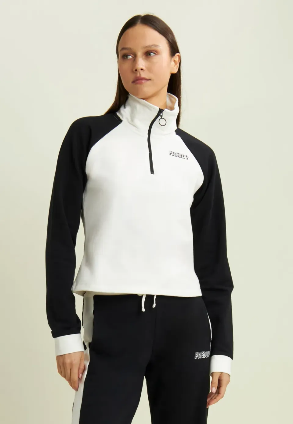Freddy Cropped Sweatshirt Damen Coconut-Black Halbreißverschluss
