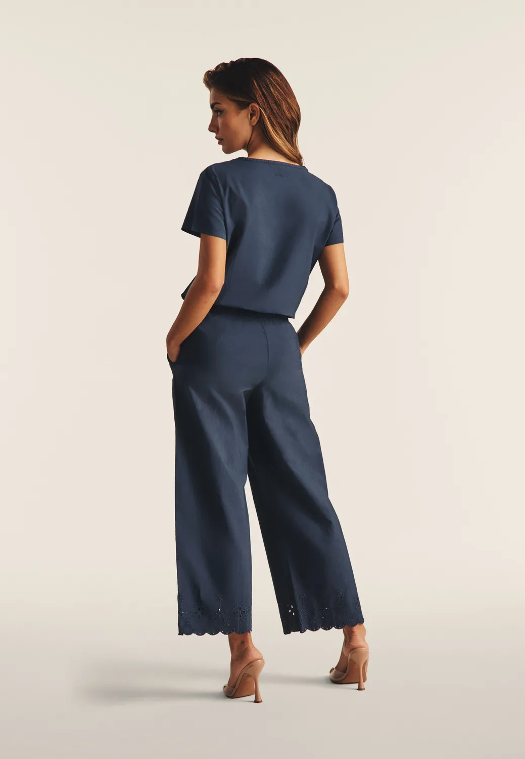 Freddy Wide Leg Hose Damen Baumwolle mit Stickerei 7/8