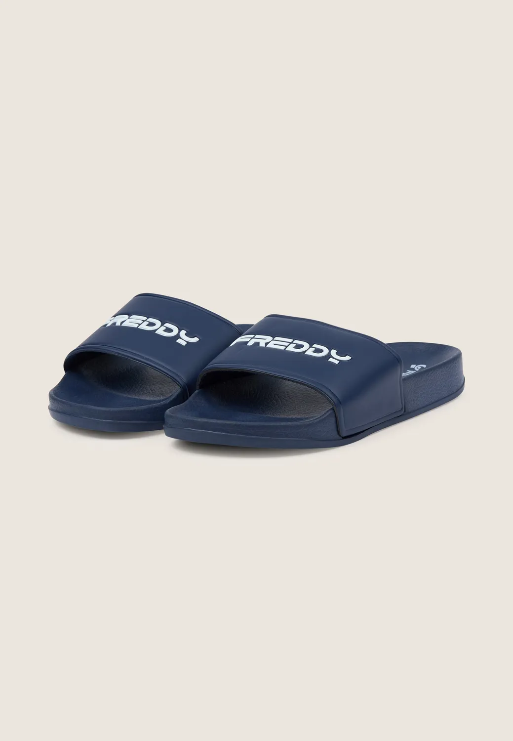 Freddy Slider Schlappen Herren blau Kontrast-Logo Fußbett