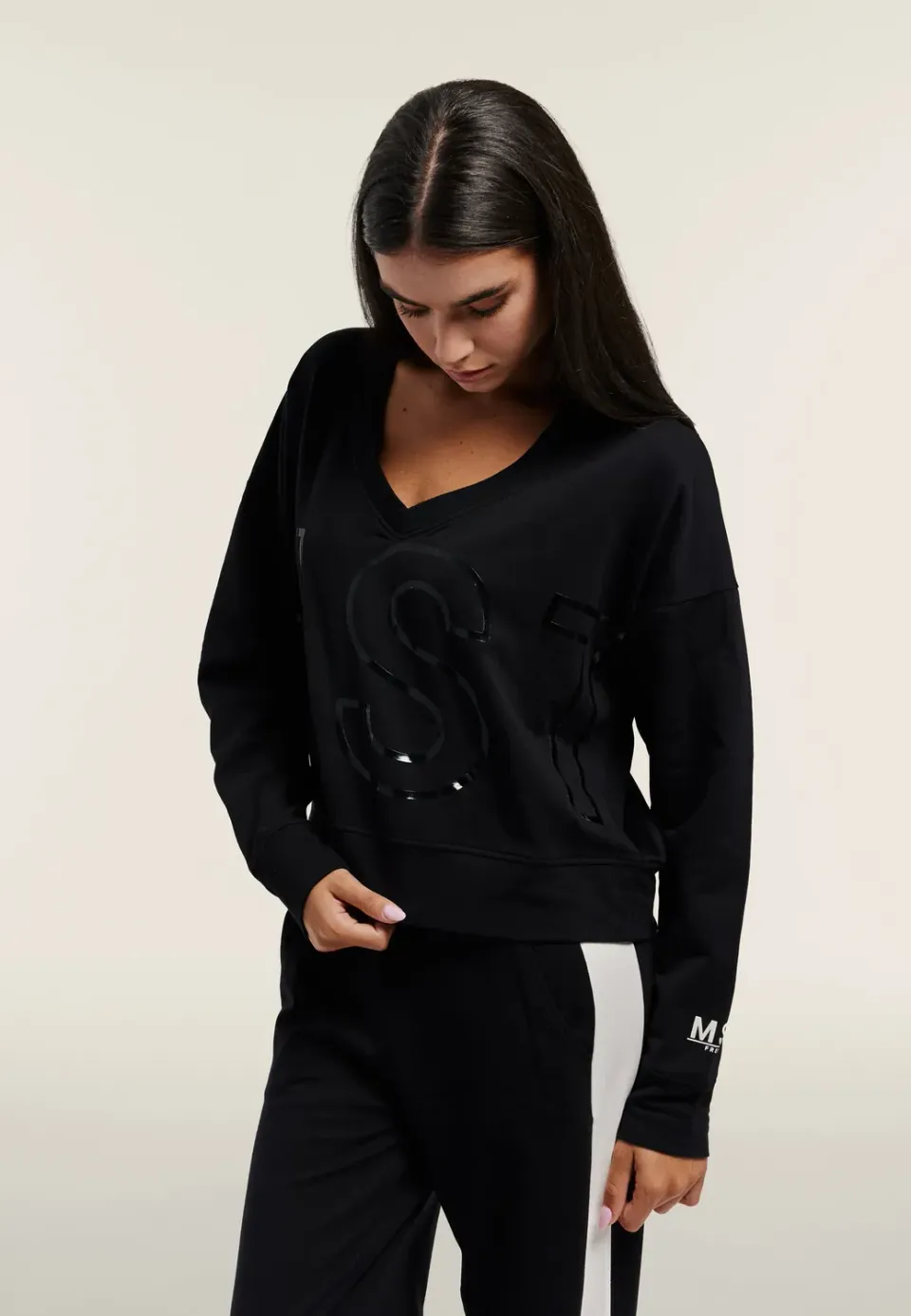 Freddy Cropped V-Ausschnitt Sweatshirt Damen schwarz Maxi-Print