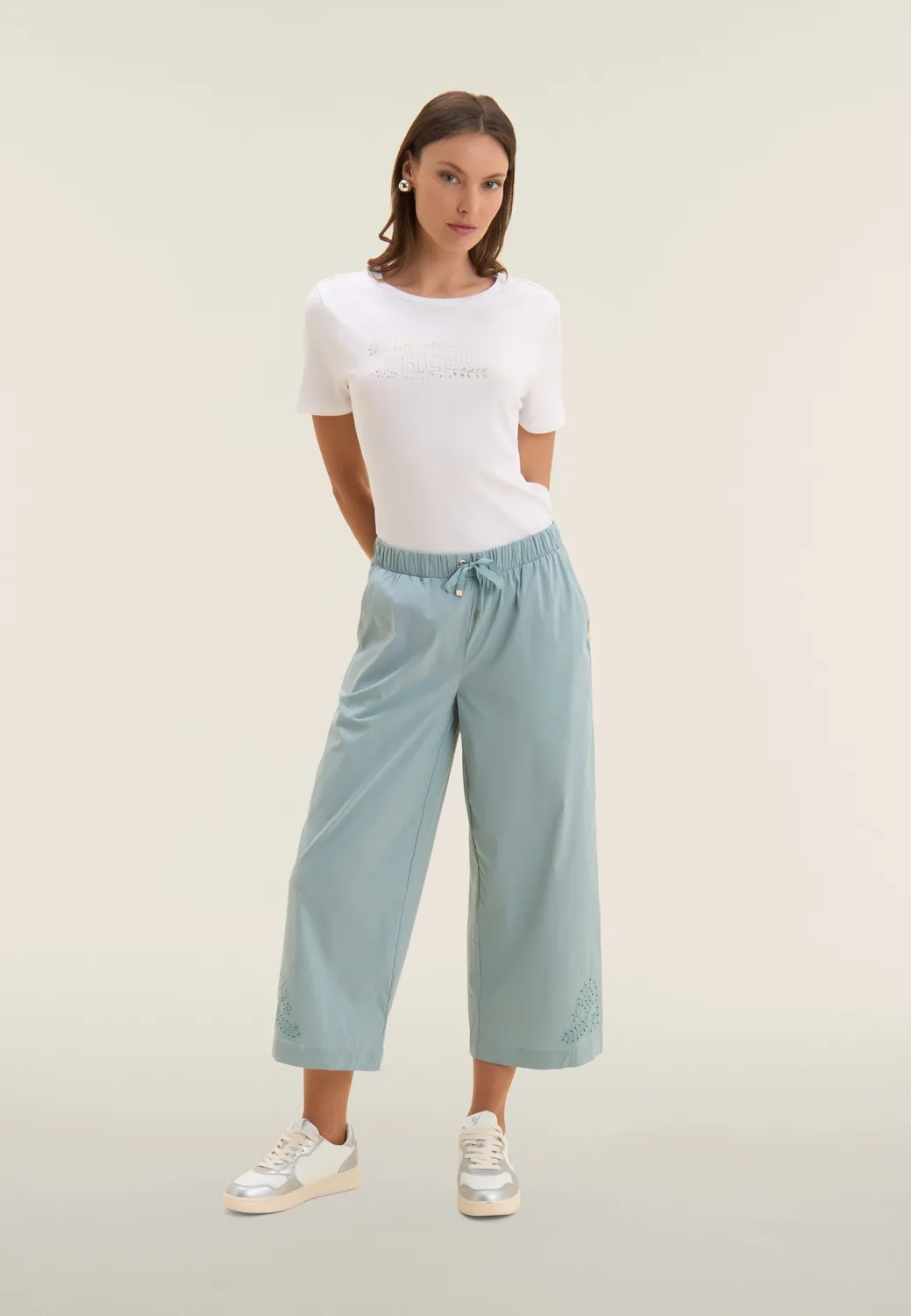 Freddy Damen Cropped Hose Wide-Leg Stickerei dunkelblau