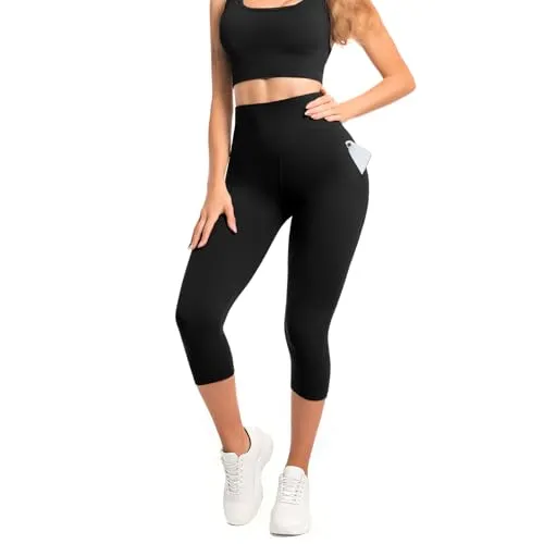 SINOPHANT High Waist 3/4 Leggings Damen schwarz mit Taschen