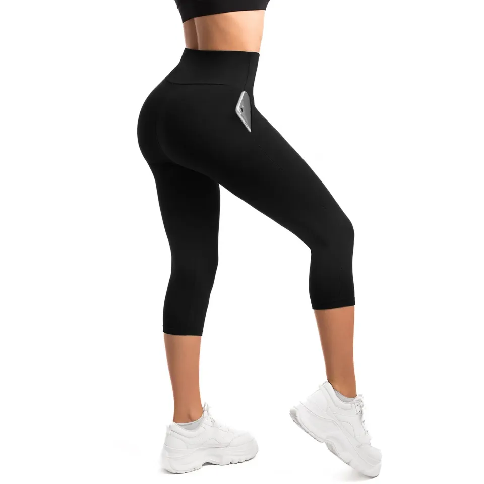 SINOPHANT High Waist 3/4 Leggings Damen schwarz mit Taschen