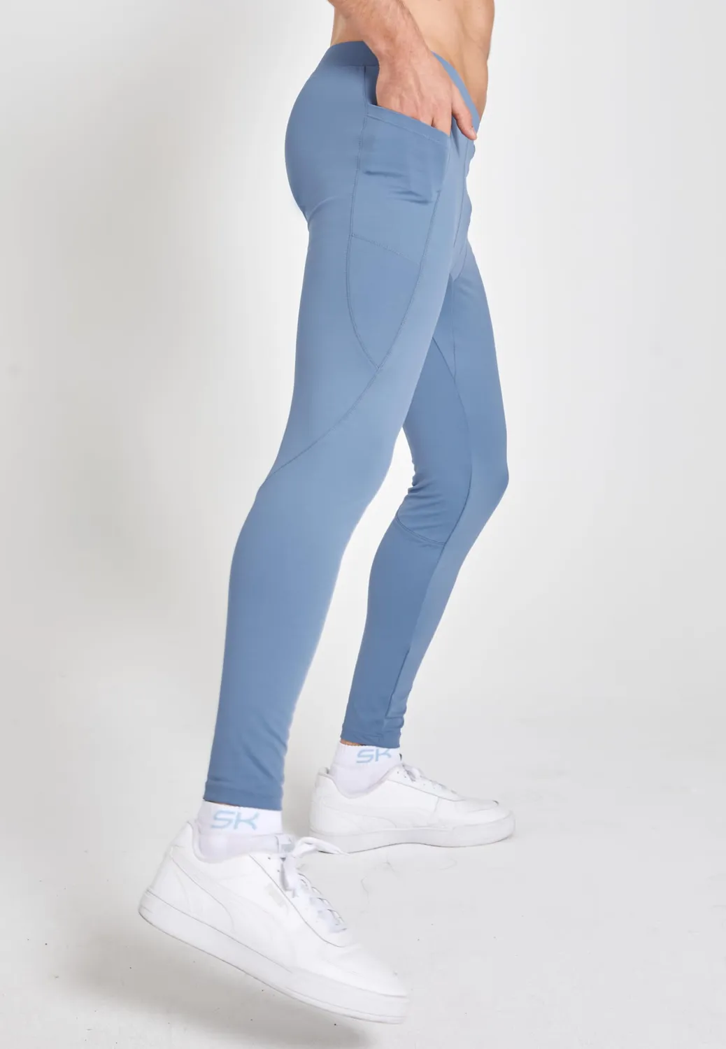 Sportkind Lange Laufhose mit Taschen Laufleggings S Grau Blau atmungsaktiv