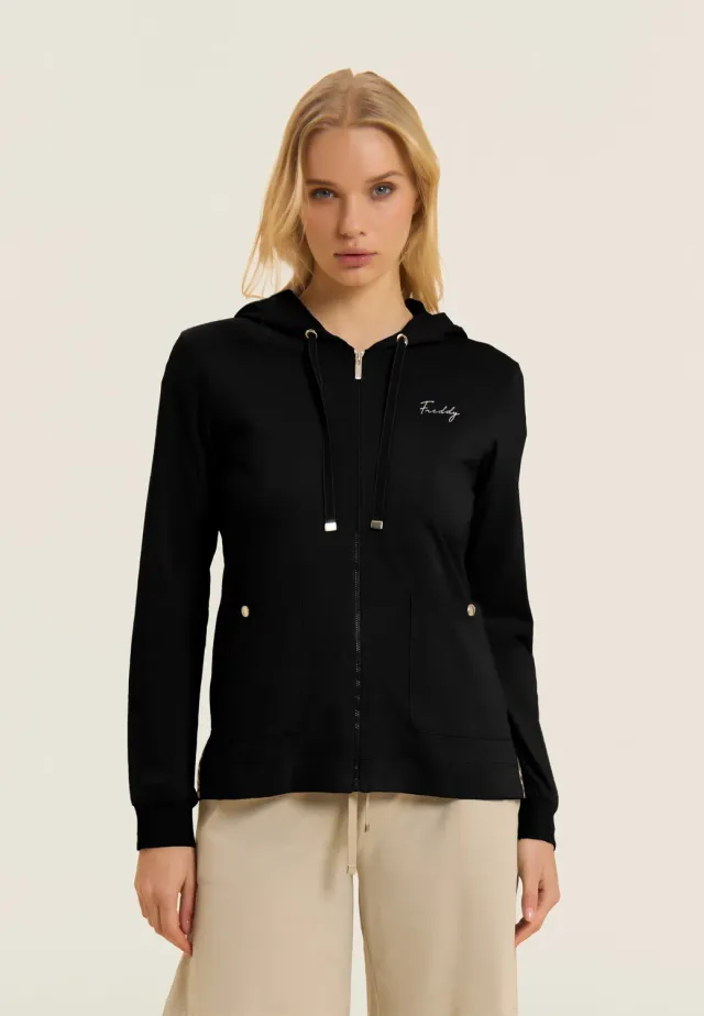 Freddy Kapuzenjacke Zip Animalier schwarz Baumwolle