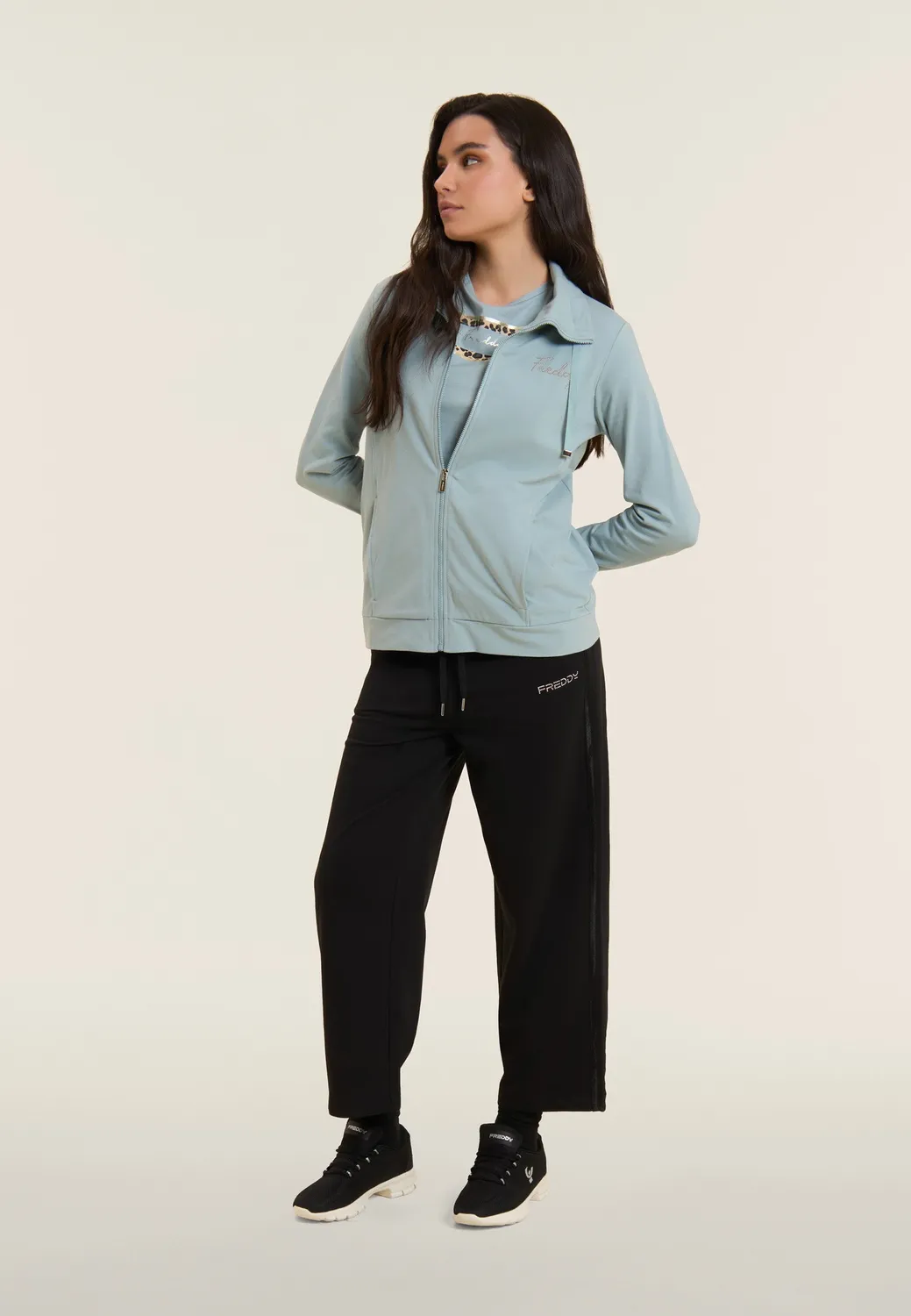 Freddy Cropped Sporthose Damen Wide Leg schwarz Yoga