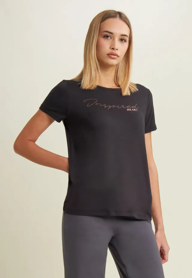 Freddy Damen T-Shirt Strass Schwarz elastisch