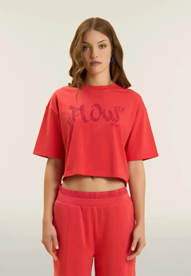Freddy Flow Cropped T-Shirt Nero Baumwolle mit Nieten