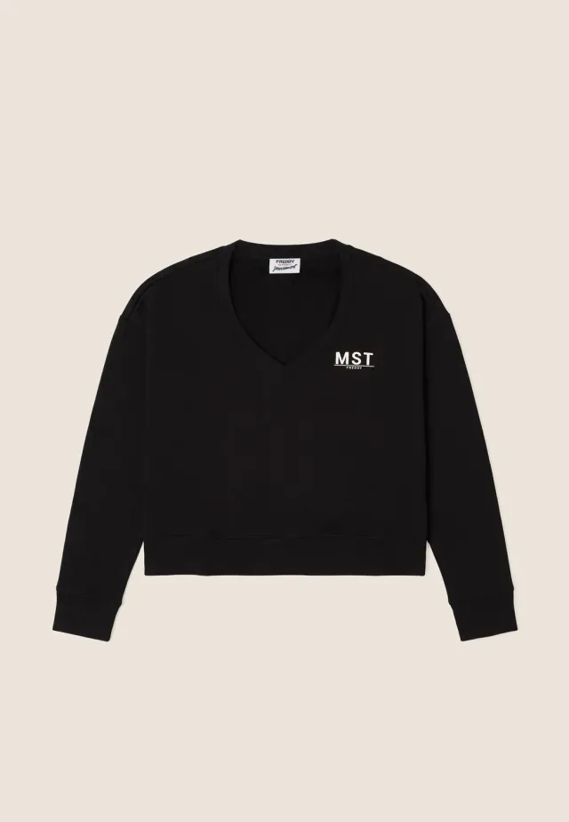 Freddy Cropped Sweatshirt Damen Schwarz V-Ausschnitt Basic