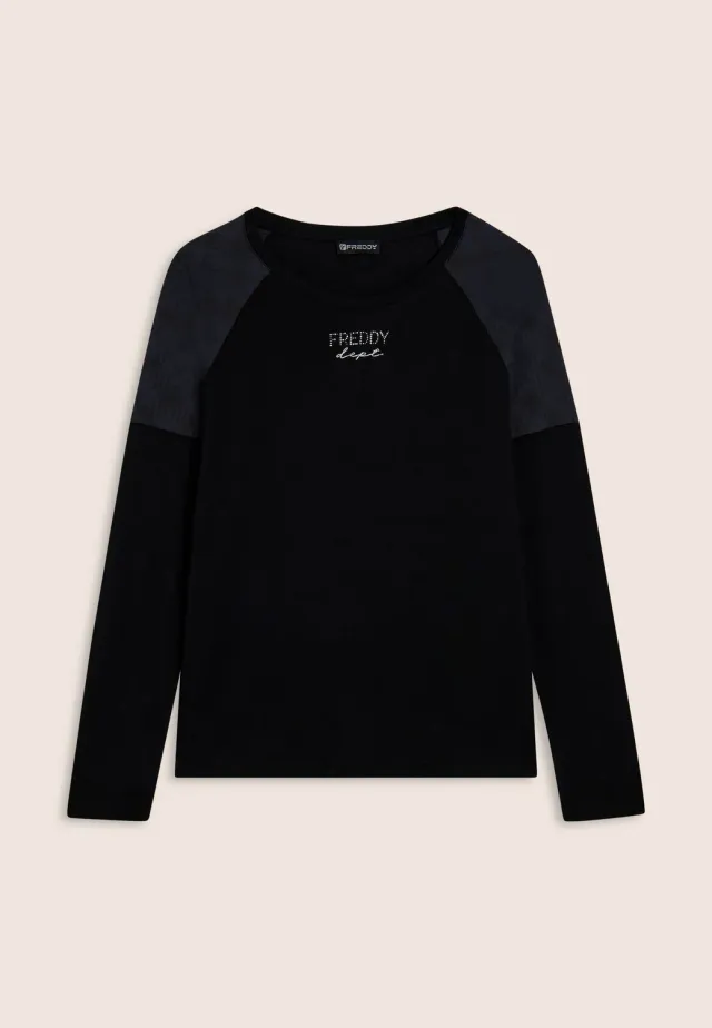 Freddy Langarmshirt Asymmetrisch Schwarz mit Nietenlogo