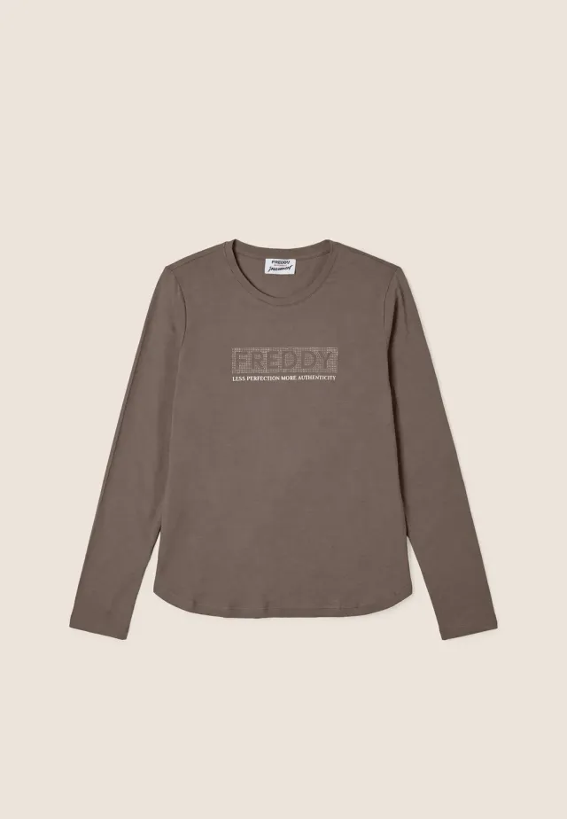 Freddy Langarmshirt Nieten-Logo Damen Falcon Brown Baumwolle