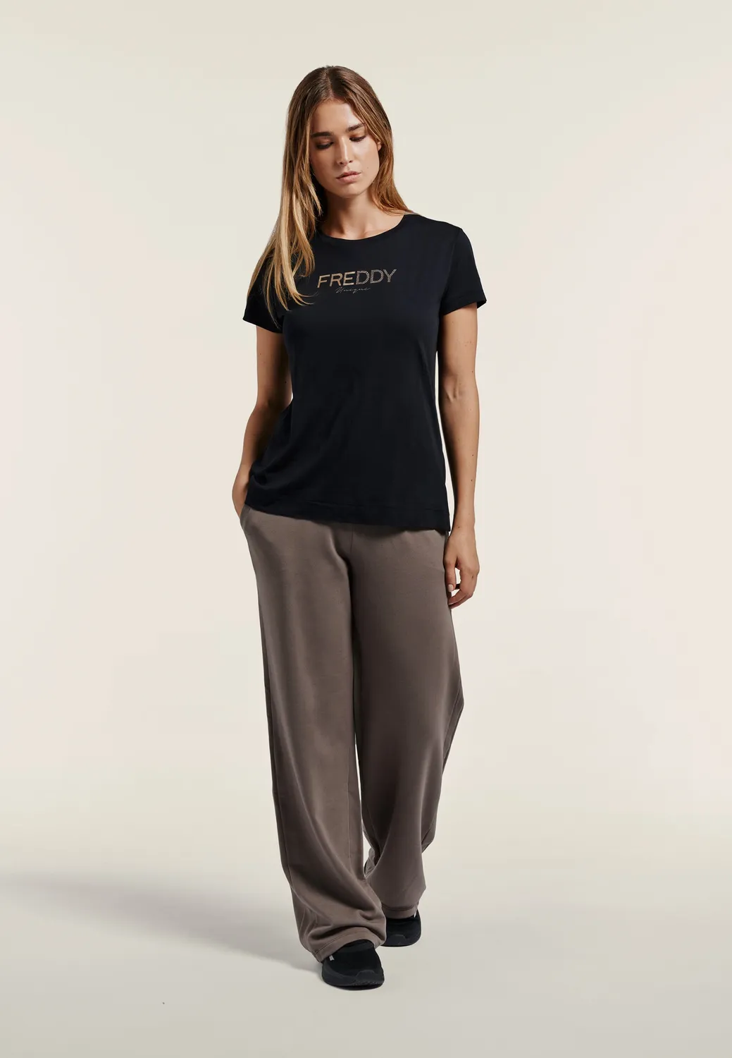 Freddy Regular T-Shirt Damen Schwarz Goldlogo