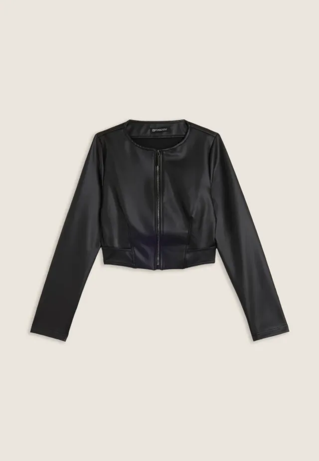 Freddy Cropped Jacke Schwarz Kunstleder mit Reissverschluss