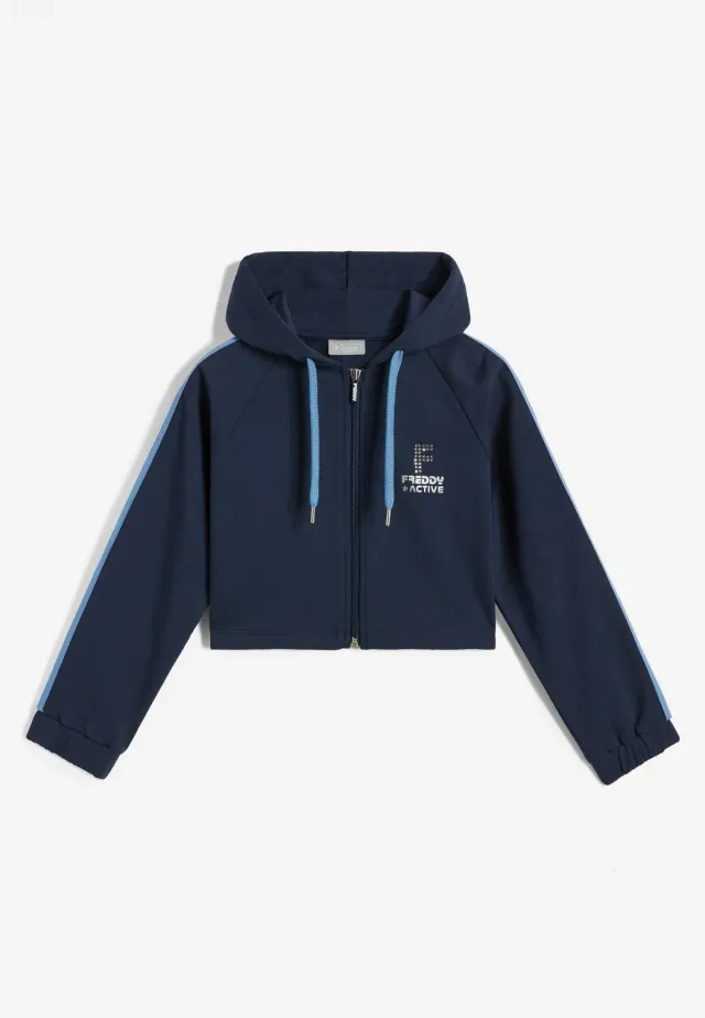 Freddy Mädchen Hoodie kurz Blau Silberstreifen fürs Training
