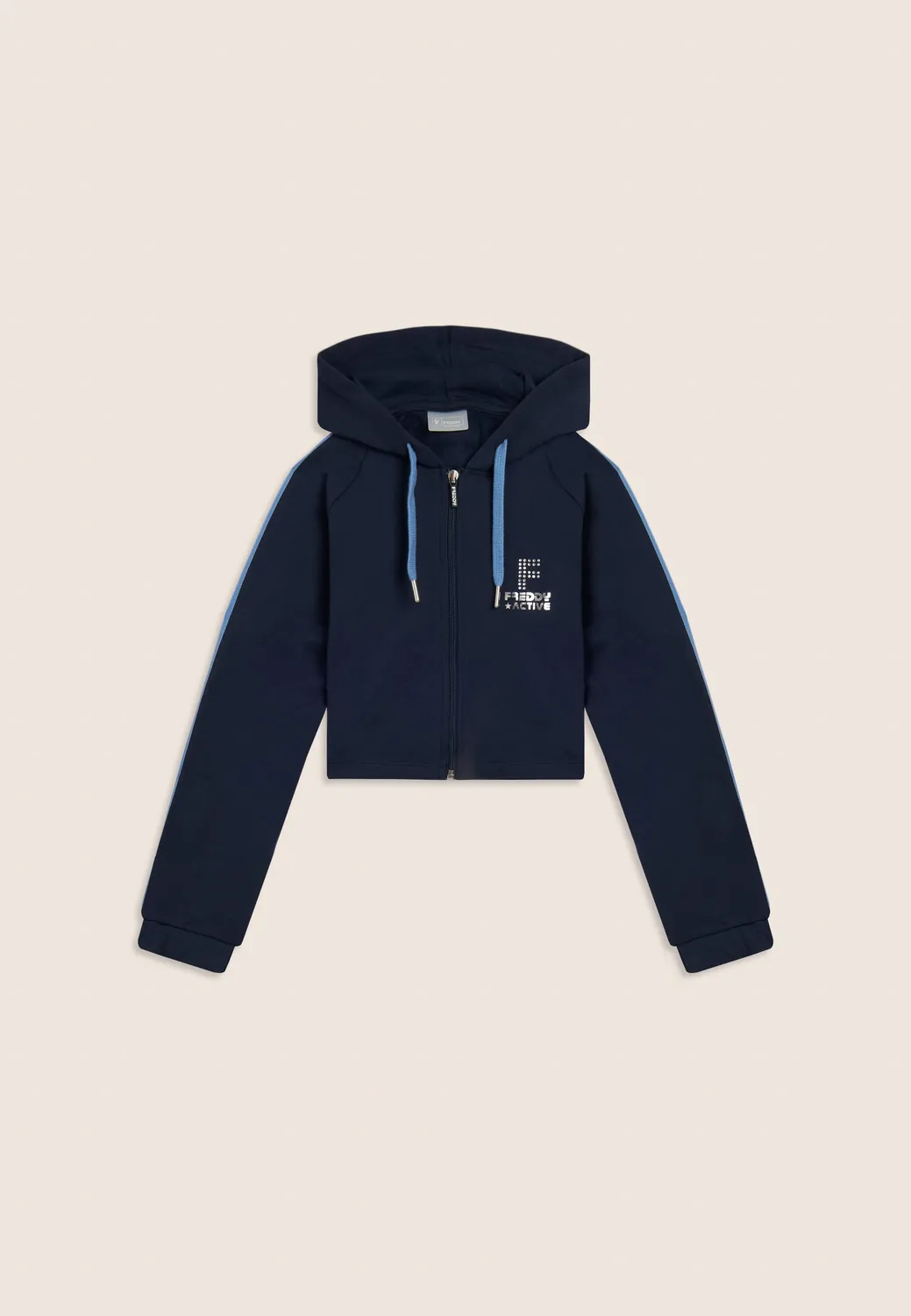 Freddy Mädchen Hoodie kurz Blau Silberstreifen fürs Training