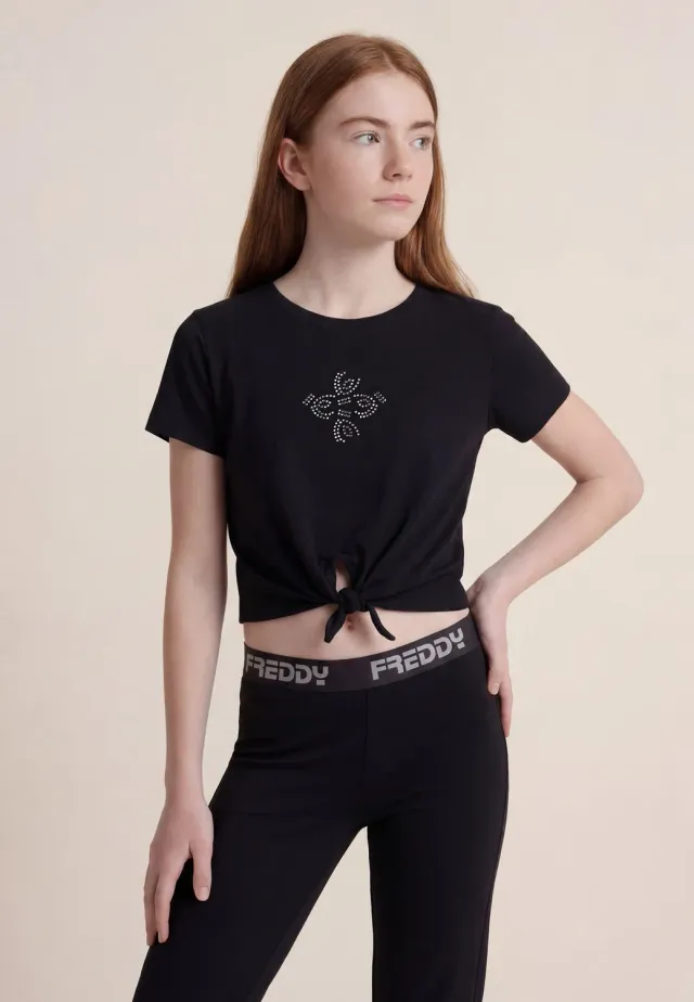 Freddy Mädchen Cropped T-Shirt Knoten Schwarz Strass