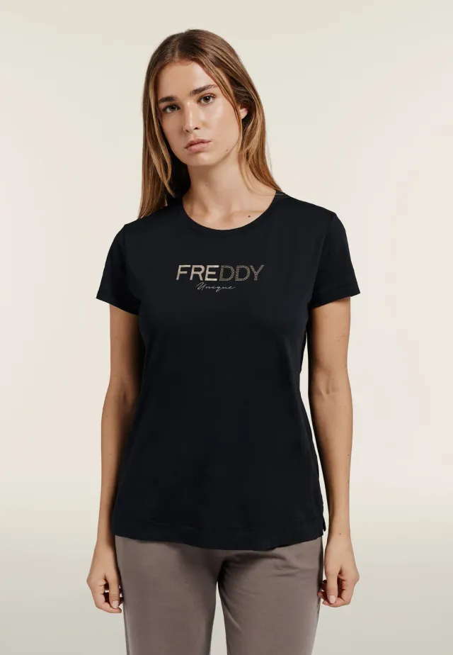 Freddy Regular T-Shirt Damen Schwarz Goldlogo
