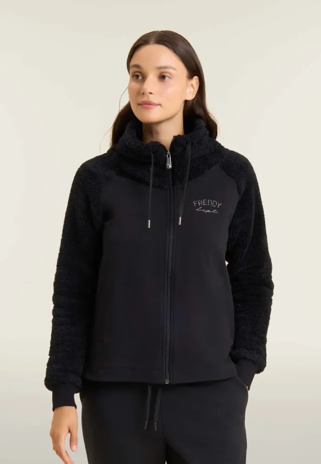 Freddy Sherpa Zip Sweatjacke Schwarz hoher Kragen