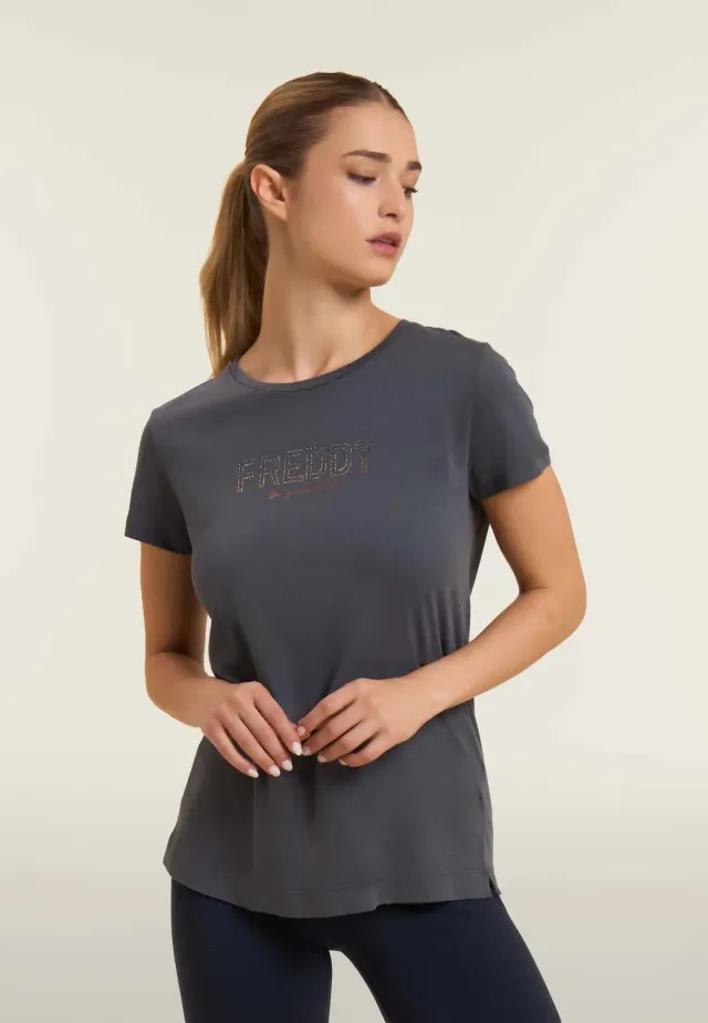 Freddy T-Shirt Damen Schwarz Strass Seitenschlitz