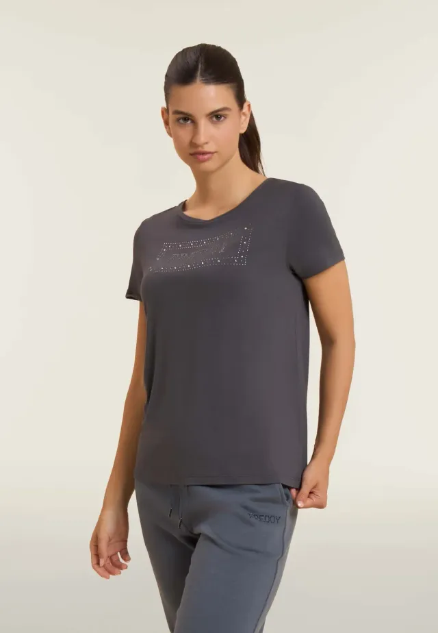 Freddy Strass Logo T-Shirt Schwarz Damen Viskose