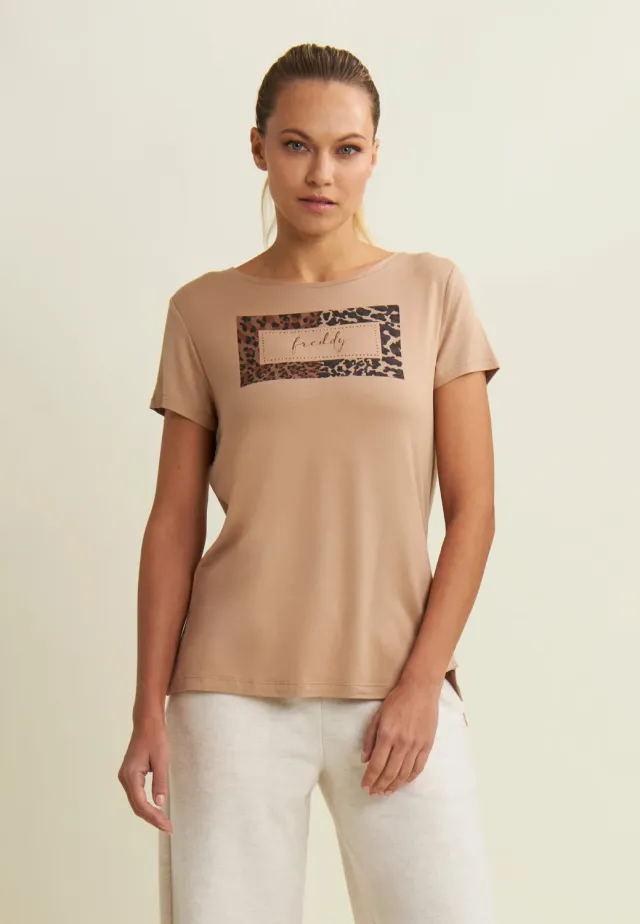 Freddy T-Shirt Animal-Print Strass schwarz Damen